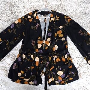 Free People Floral Peplum Wrap Blouse Cardigan Kimono